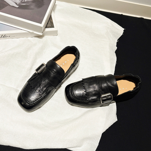 小牛皮~流苏皮带扣复古孟克鞋女老钱风乐福鞋平跟德比鞋方头单鞋