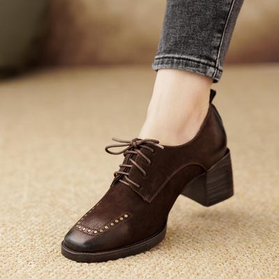 磨砂羊皮方头粗跟复古擦色单鞋