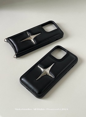 MOKASTUDIOS原创小众设计时髦暗黑极简金属十字星17promax皮质手机壳16pro面包壳15全包保护套个性高级感