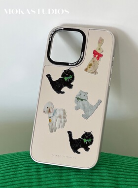 MOKASTUDIOS新款电镀银边可爱猫咪镜面系列苹果iphone15promax手机壳14pro全包可补妆防摔可爱日韩13保护套