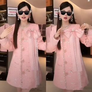 甜美千金外套亮闪闪蝴蝶结风衣粉色减龄亮片外搭年轻气质上衣大码