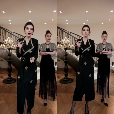 英伦风镶钻西服领风衣法式潮