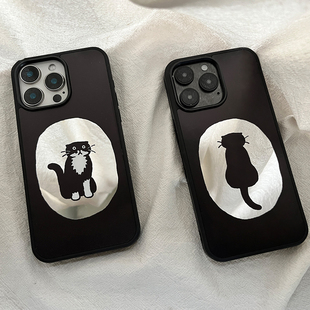12pro13镜面壳个性 iphone14promax防摔保护壳11 14黑框镜面15pro 正面猫苹果iPhone16手机壳镜面iPhone13