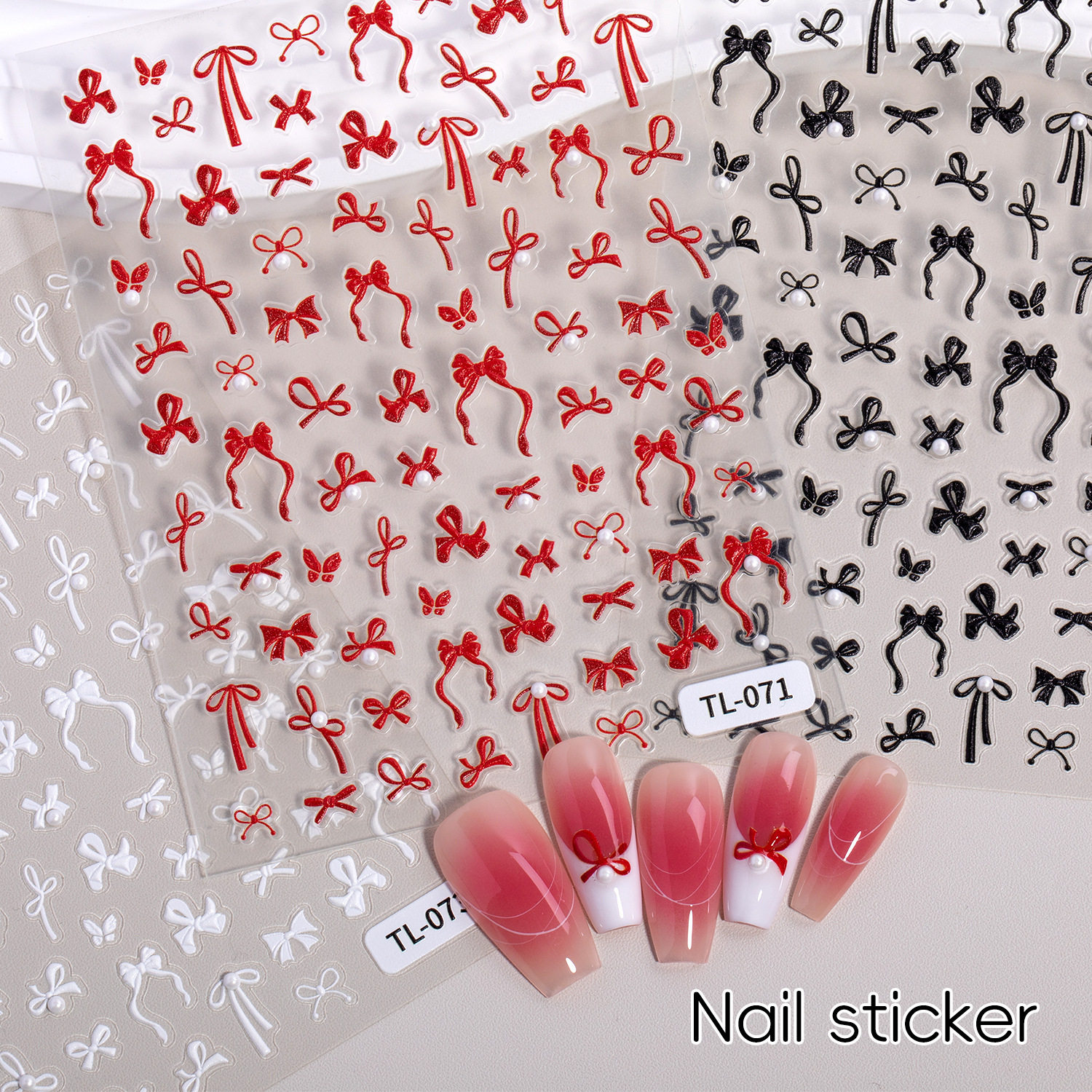 珍珠蝴蝶结指甲贴纸5D浮雕轻奢纯色飘带蝴蝶结美甲贴纸饰品 TL款,彩妆/香水/美妆工具,美甲工具,淘宝优惠券,粉丝福利购,淘宝优惠卷
