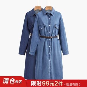 清仓牛仔衬衫女连衣裙2021春装韩版高腰复古港味中长款蓝色裙子潮