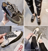 2017春季新版韩版休闲做旧矮帮别针水钻帆布系带平底复古小脏鞋