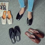 春夏方头粗跟韩版纯色包头拖鞋女懒人平底半拖鞋复古休闲穆勒鞋潮