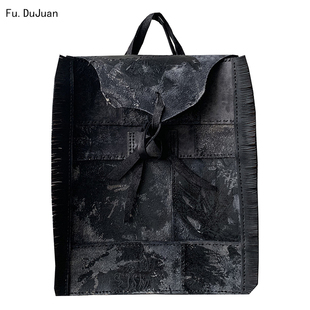 超耐用 高级质感 设计师原创 头层牛皮拼接背包 手工双肩包 黑灰