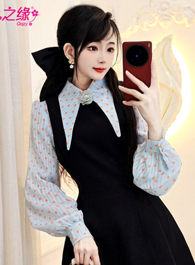 七七之缘两件套波点衬衫连衣裙女POLO领气质系带衬衫设计感裙套装