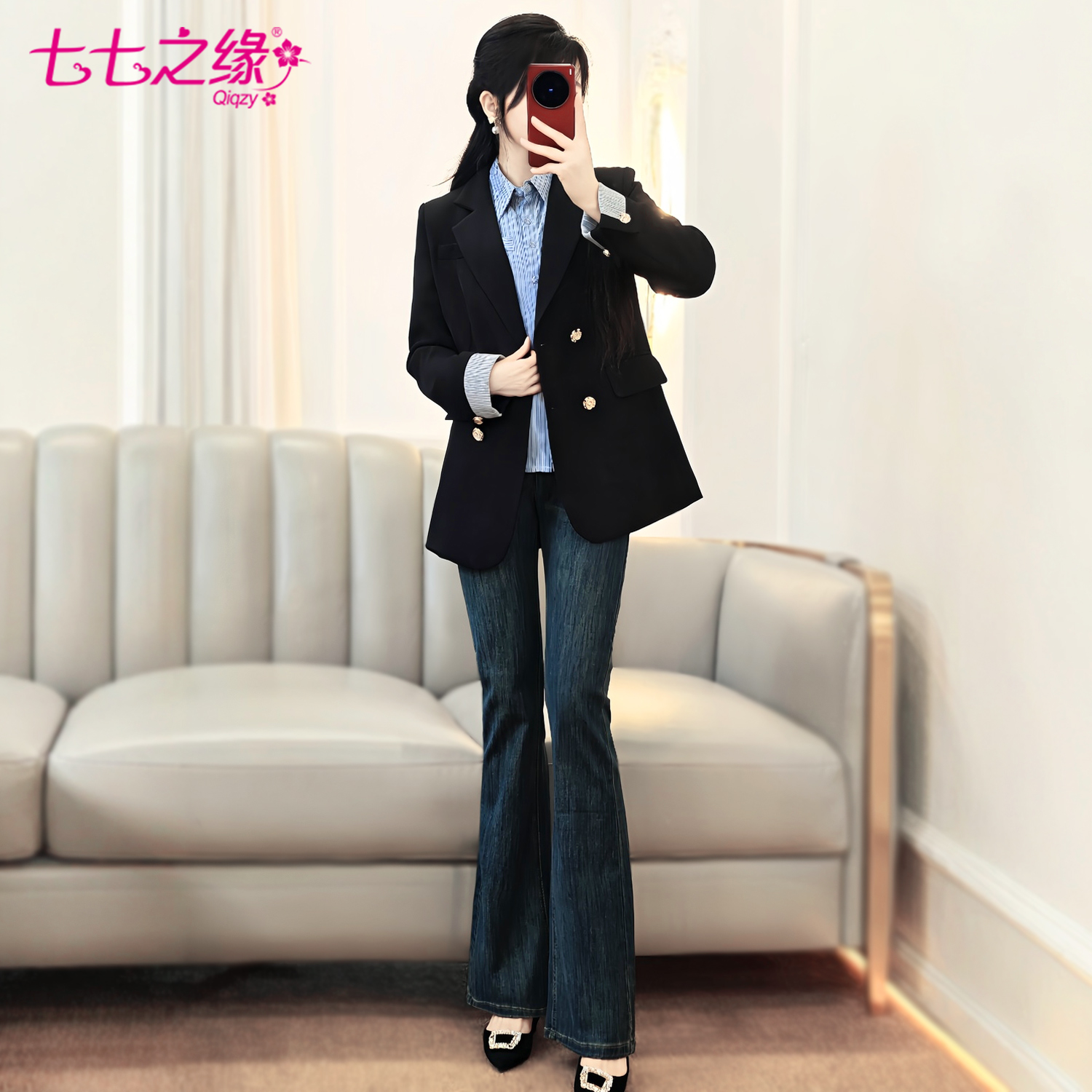 西装外套百褶半身牛仔长裤套装