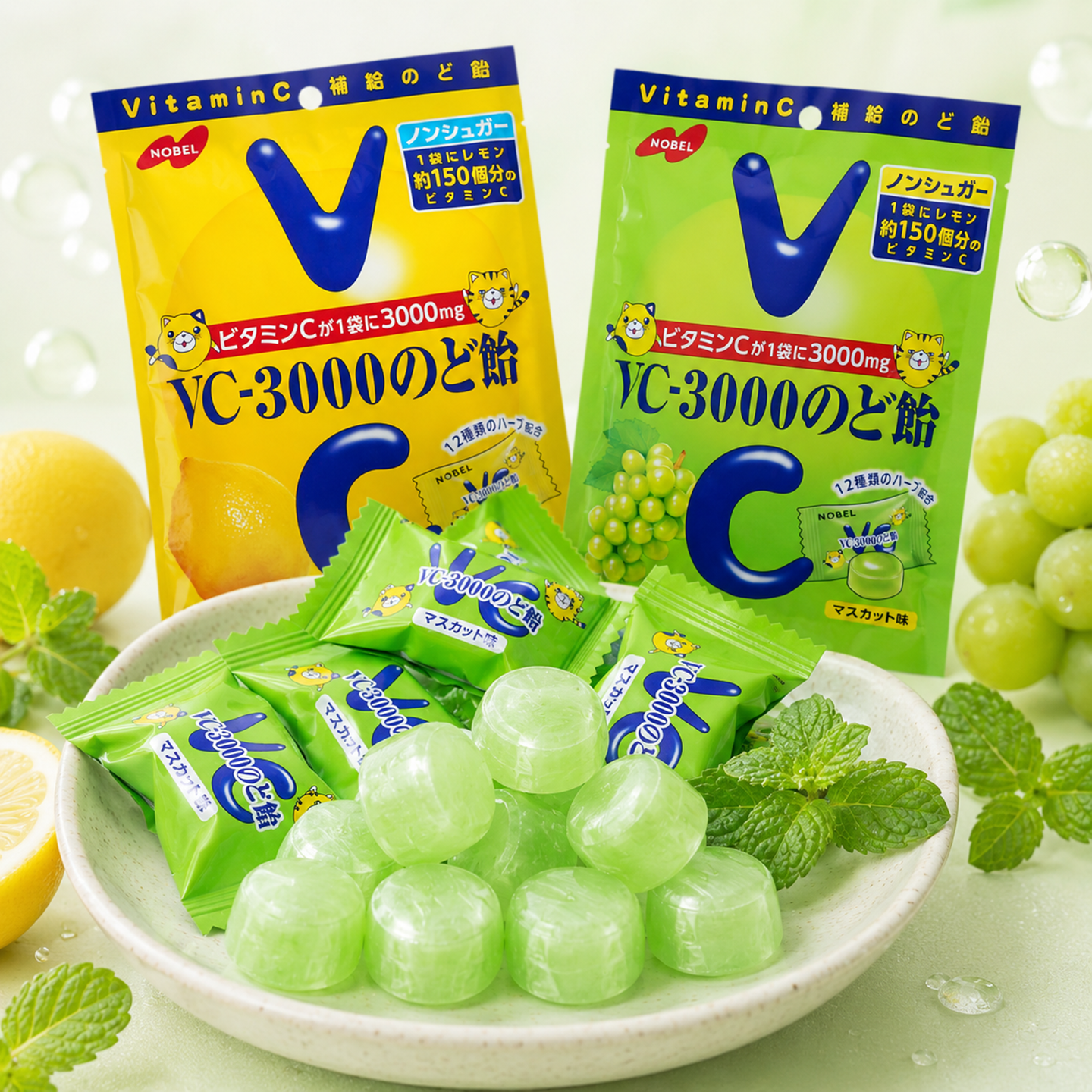 日本进口NOBEL诺贝尔浓厚柠檬味麝香葡萄味VC糖果硬糖儿童零食87g