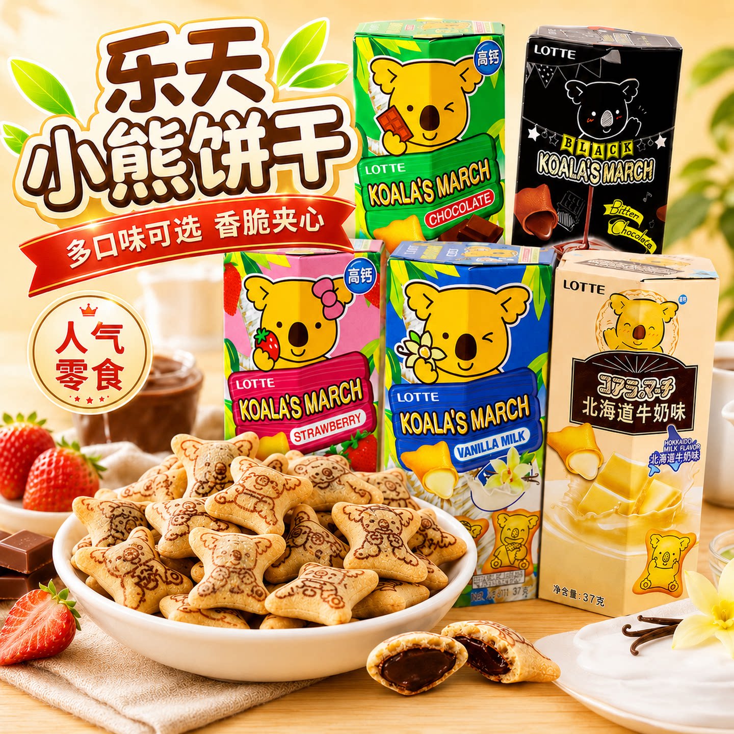 泰国进口乐天小熊饼干夹心巧克力牛奶注心熊仔饼食品休闲零食小吃