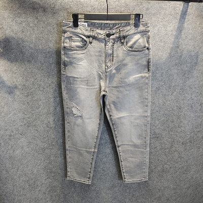 卡家男装休闲修身破洞补丁牛仔裤2025春季新款灰色通勤小脚九分裤