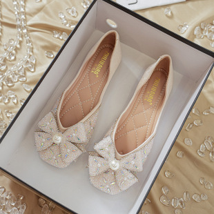 女2024韩版 新款 蝴蝶结浅口软底鞋 加大码 飘鞋 43方头平跟鞋 女鞋