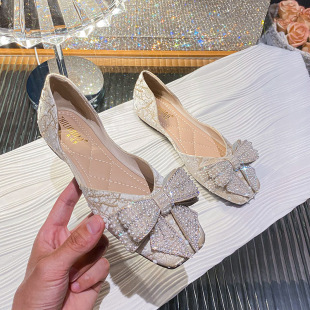 女2023韩版 飘鞋 新款 女鞋 蝴蝶结浅口大码 方头平跟鞋