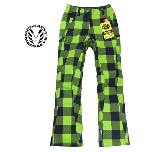 Medsaye 686绚目黑绿色大方格女士棉双板滑雪裤