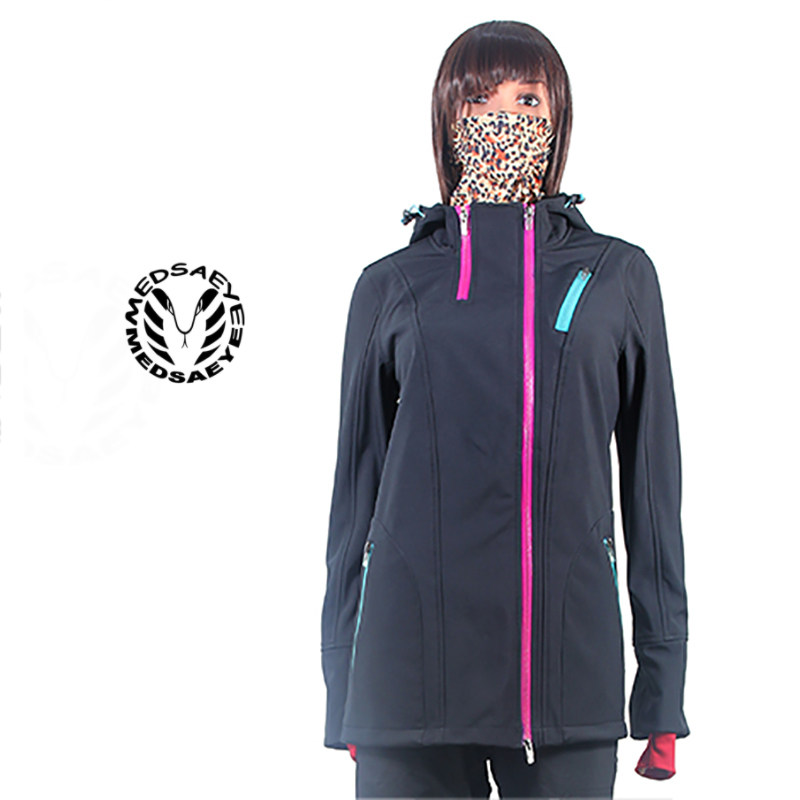 大码MEDSAEYE纯黑彩色拉链宽摆加长女士登山/滑雪服/冲锋衣