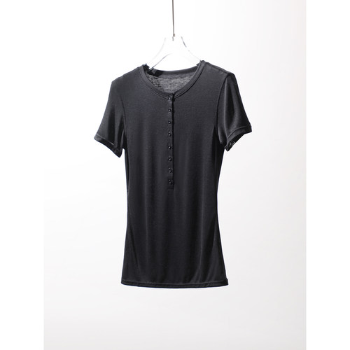 TANG TOWN 春夏“裸肤穿着感”轻盈软垂 真丝/粘纤 亨利领短袖T恤