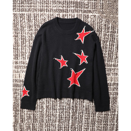 TANG TOWN秋季B备 质感100%山羊绒 百搭时髦五角星提花针织衫毛衣