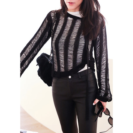 TANG TOWN 自制 新型带子纱 羽花式镂空宽松针织罩衫/腰带针织衫