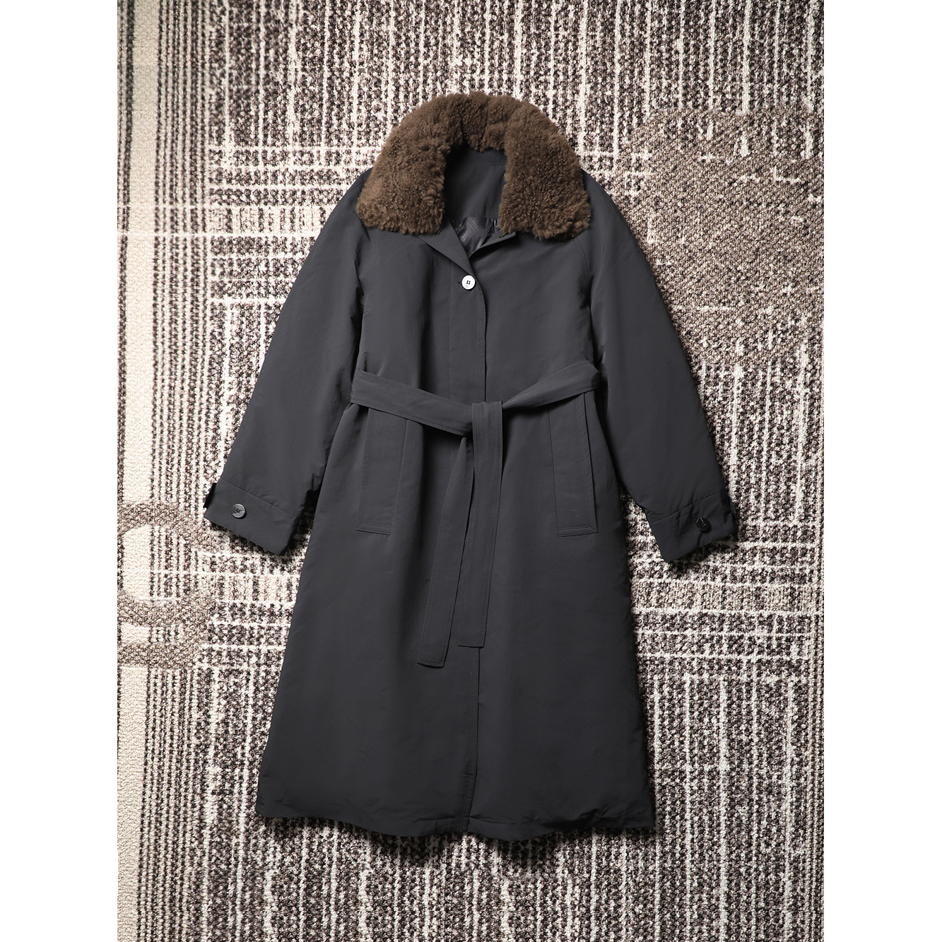 TANG TOWN高密轻量面料+可拆卸山羊绒毛领中长款系带90鹅绒羽绒服