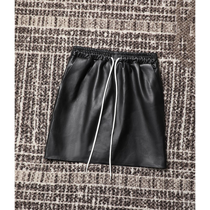 TANG TOWN 精致简约绵羊皮 品质感松紧腰抽绳气质半身裙 早秋 女