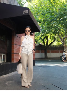 TANG TOWN自制 浪漫飘逸不规则荷叶边 双层苎麻花边挂脖上衣/衬衫