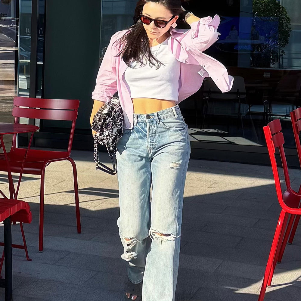 三季可穿纯棉直筒破洞牛仔裤夏