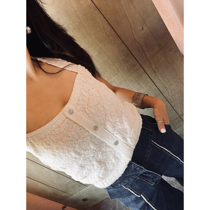 TANG TOWN 自制 时髦造型 手工缝带挂脖露肩小香风短针织背心