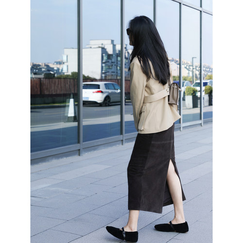 TANG TOWN自制时髦精B入软糯透气柔韧羊反绒麂皮極简复古中长半裙