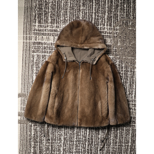 芬兰进口咖啡色短二水貂皮草 两面穿连帽水貂外套 TANG TOWN自制