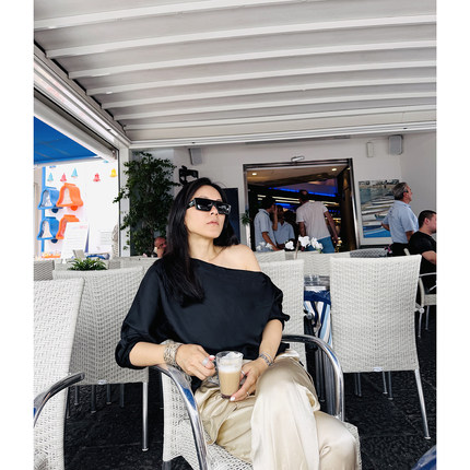 TANG TOWN自制 早秋静奢风及简衬衫 19姆米斜纹绸 斜肩连肩袖衬衫