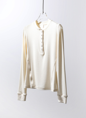 TANG TOWN 超弹强捻莫代尔罗纹亨利领半开纽扣长袖修身针织衫T恤