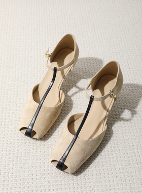 TANG TOWN 26春夏新款 羊猄皮鱼嘴细高跟时装凉鞋 丁字扣气质单鞋