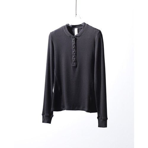 TANG TOWN 超弹强捻莫代尔罗纹亨利领半开纽扣长袖修身针织衫T恤