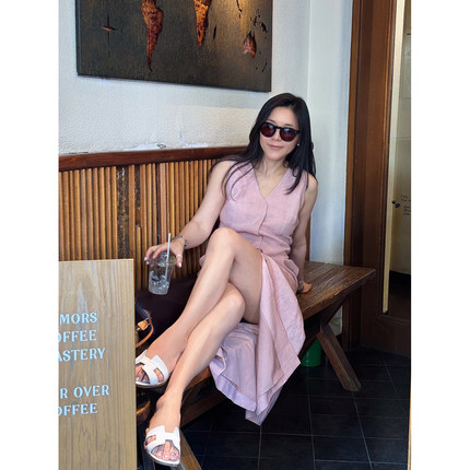 TANG TOWN 自制 全亚麻V领无袖连身裙中长款连衣裙2025夏季新品