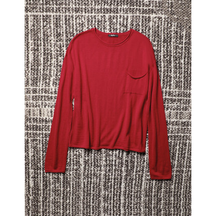 TANG TOWN 自制 纯羊毛 随性简约自然卷边小口袋圆领针织衫/毛衣