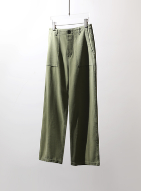 TANG TOWN 高支棉府绸 水洗做旧工艺 军绿色工装裤阔腿裤