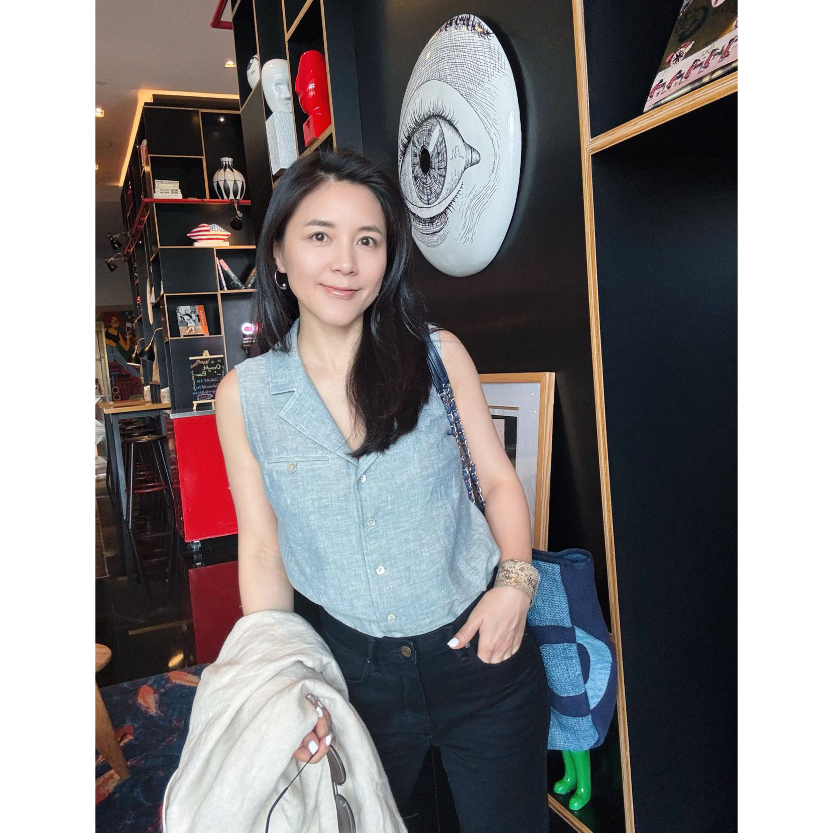 TANG TOWN 自制 色织亚麻/汉麻 牛仔蓝 翻领无袖上衣 背心衬衫