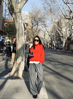 TANG TOWN 春夏自制摩登型格 双褶压线羊毛混纺立体版型翻边长裤