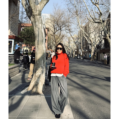 TANG TOWN 春夏自制摩登型格 双褶压线羊毛混纺立体版型翻边长裤