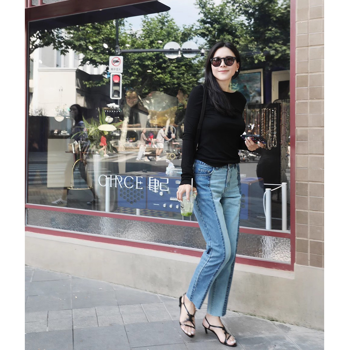 TANG TOWN 自制 新潮造型拼色修身显瘦毛边九分裤/牛仔裤 女