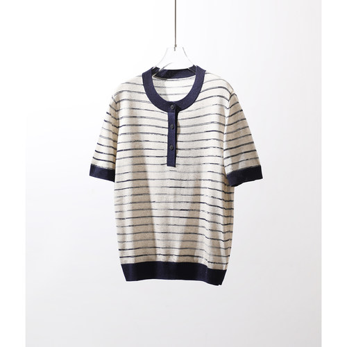 TANG TOWN 莱赛尔/粘纤/亚麻 条纹拼色亨利领短袖T恤/针织衫