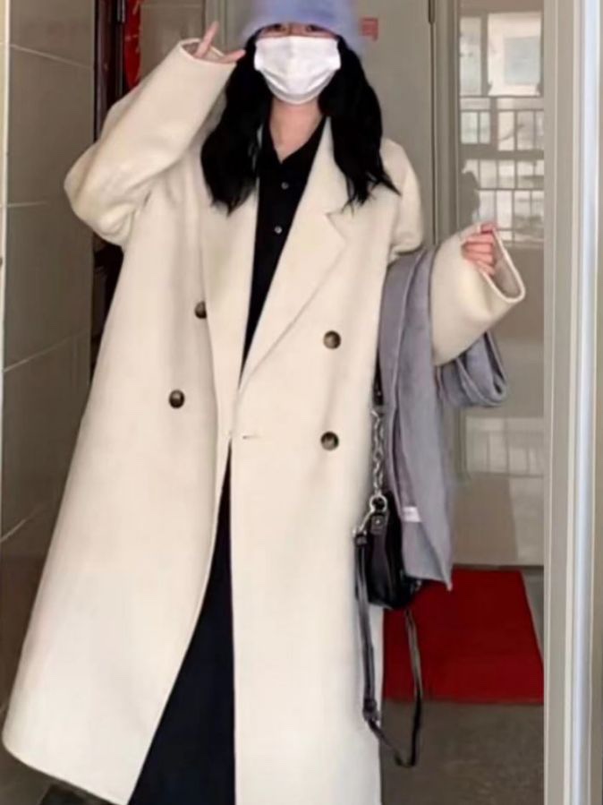 高端韩版茧型通勤双面羊毛大衣女中长款毛呢外套