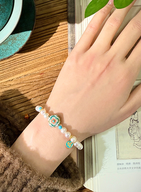 新中式中国风原创设计款天然淡水珍珠手链蓝松石银镀金女单圈手串