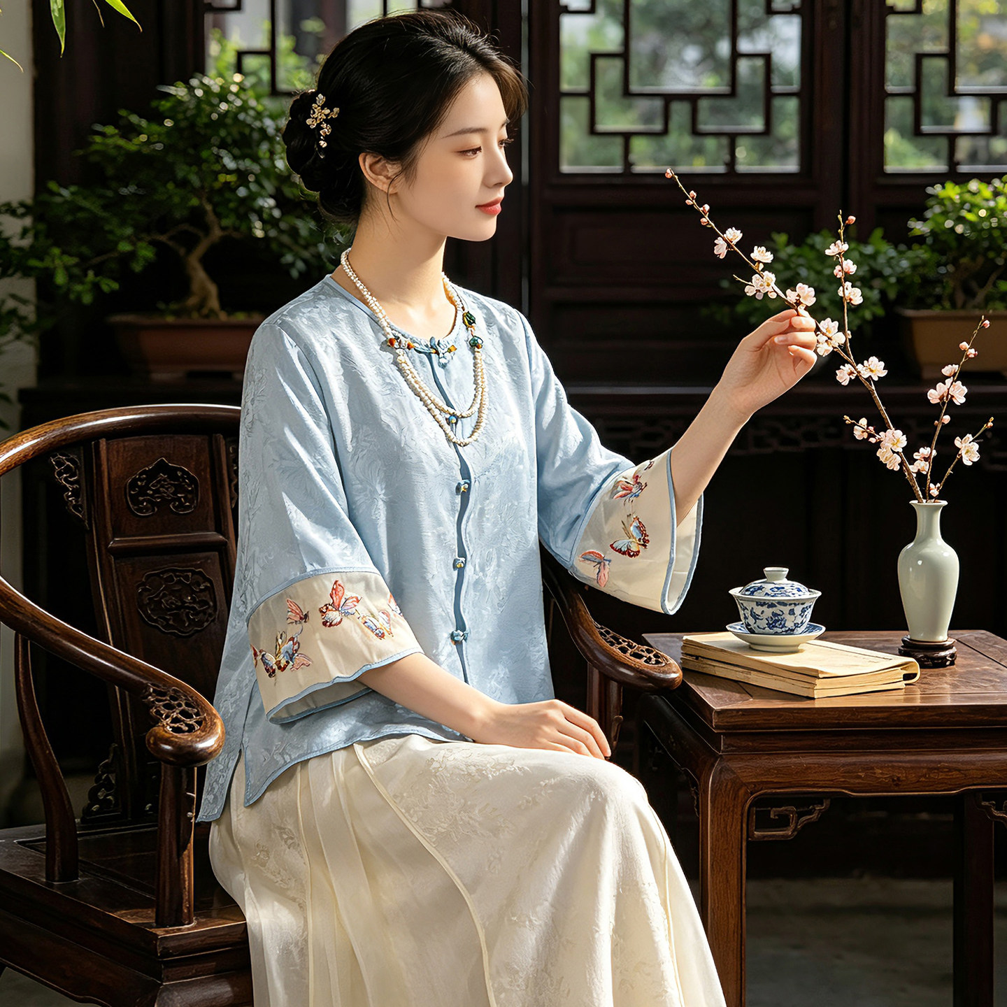新中式通勤风刺绣五分袖开衫茶服