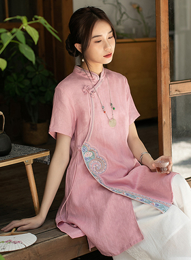 远镇中国风亚麻衬衫复古盘扣上衣中式茶服夏季民族风绣花棉麻女装