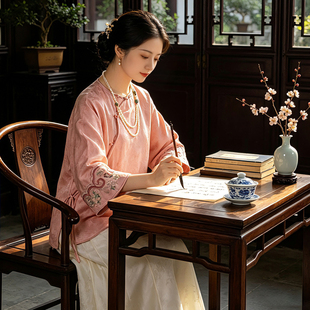 新中式通勤国风提花人丝刺绣上衣女装夏季圆领斜襟七分袖复古茶服