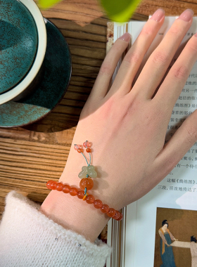 新中式中国风原创设计款冰柿子天然南红玛瑙手串手链和田玉女单圈