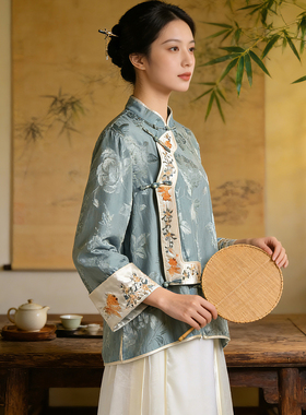 新中式通勤提花亚麻人丝天丝刺绣上衣女春季立领斜襟长袖复古茶服
